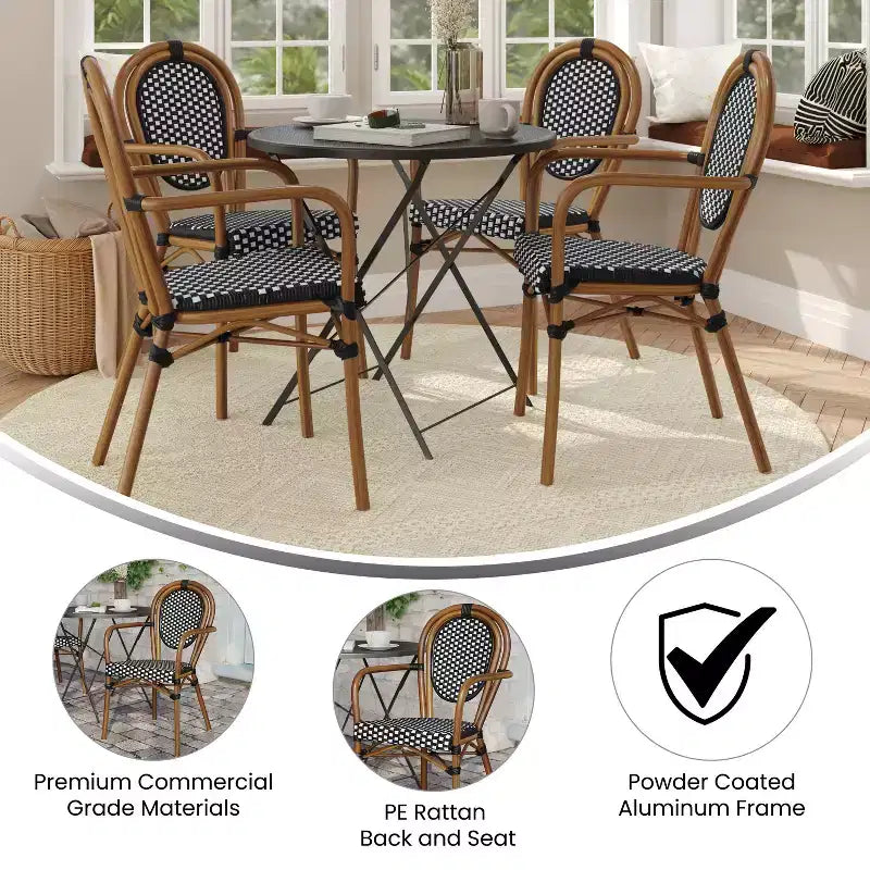 Lot de 4 chaises bistrot Lourdes Thonet empilables avec accoudoirs, en rotin PE et cadre en aluminium, pour l'intérieur et l'extérieur, de la marque Flash Furniture