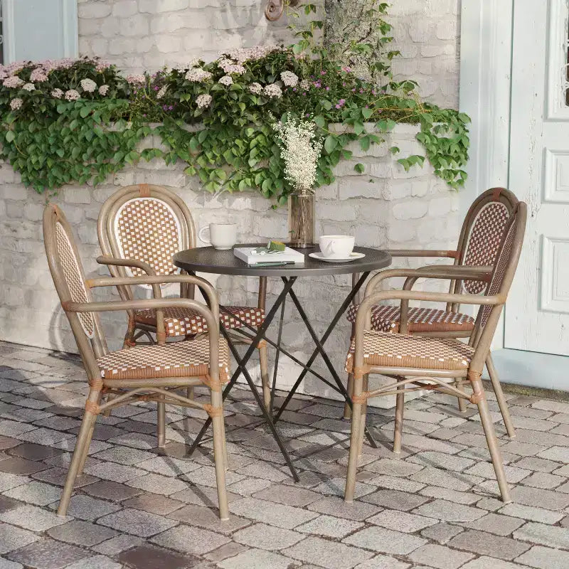 Lot de 4 chaises bistrot Lourdes Thonet empilables avec accoudoirs, en rotin PE et cadre en aluminium, pour l'intérieur et l'extérieur, de la marque Flash Furniture