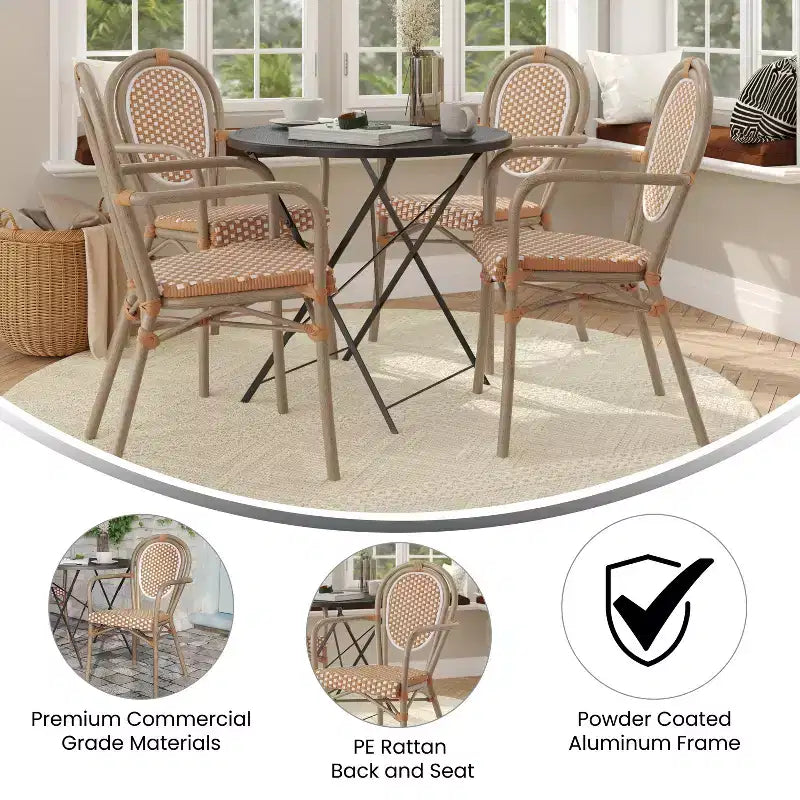 Lot de 4 chaises bistrot Lourdes Thonet empilables avec accoudoirs, en rotin PE et cadre en aluminium, pour l'intérieur et l'extérieur, de la marque Flash Furniture