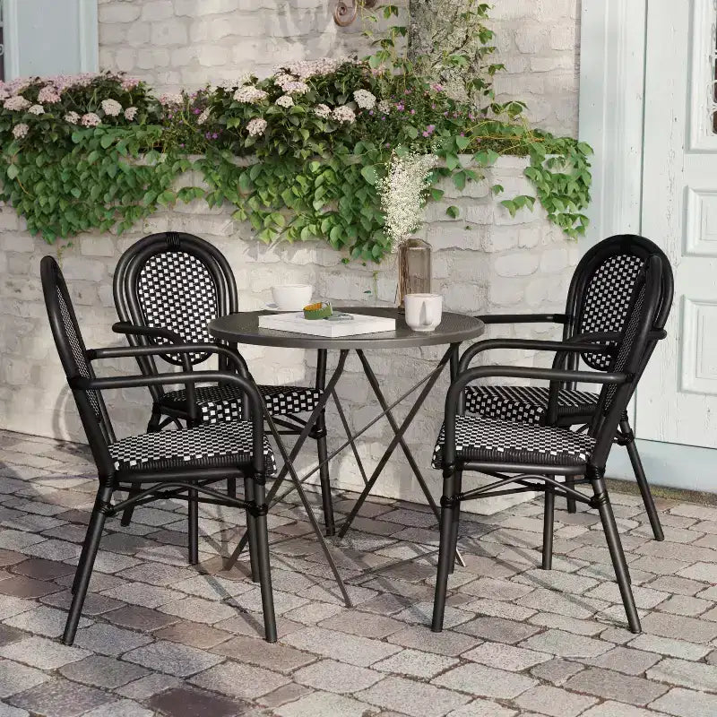 Lot de 4 chaises bistrot Lourdes Thonet empilables avec accoudoirs, en rotin PE et cadre en aluminium, pour l'intérieur et l'extérieur, de la marque Flash Furniture