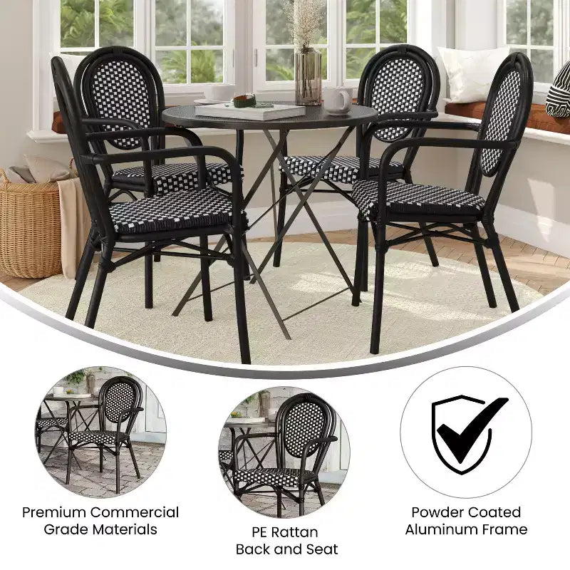 Lot de 4 chaises bistrot Lourdes Thonet empilables avec accoudoirs, en rotin PE et cadre en aluminium, pour l'intérieur et l'extérieur, de la marque Flash Furniture