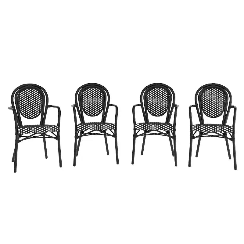 Flash Furniture 4 Pack Lourdes Indoor/Outdoor Commercial Thonet Bistro Stacking Chair with Arms, PE Rattan and Aluminum Frame
