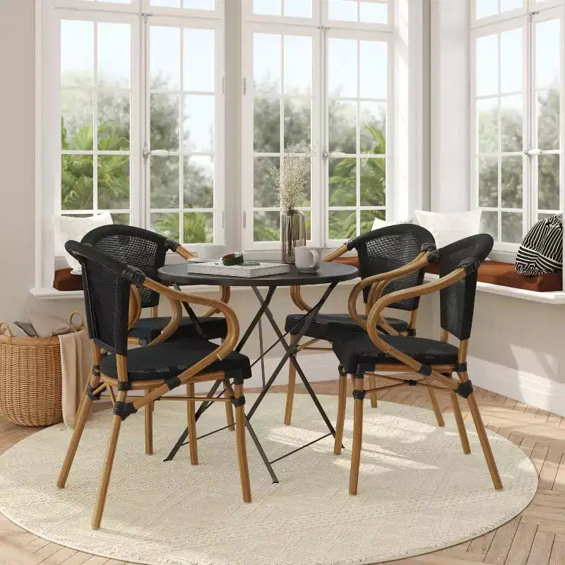 Lot de 4 chaises bistrot empilables d'intérieur/extérieur Marseille Flash Furniture avec accoudoirs, cadre en aluminium imprimé bambou et textilène
