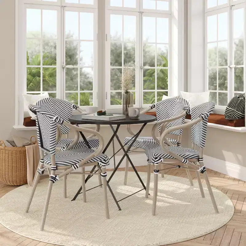 Lot de 4 chaises bistrot empilables d'intérieur/extérieur Marseille Flash Furniture avec accoudoirs, cadre en aluminium imprimé bambou et textilène