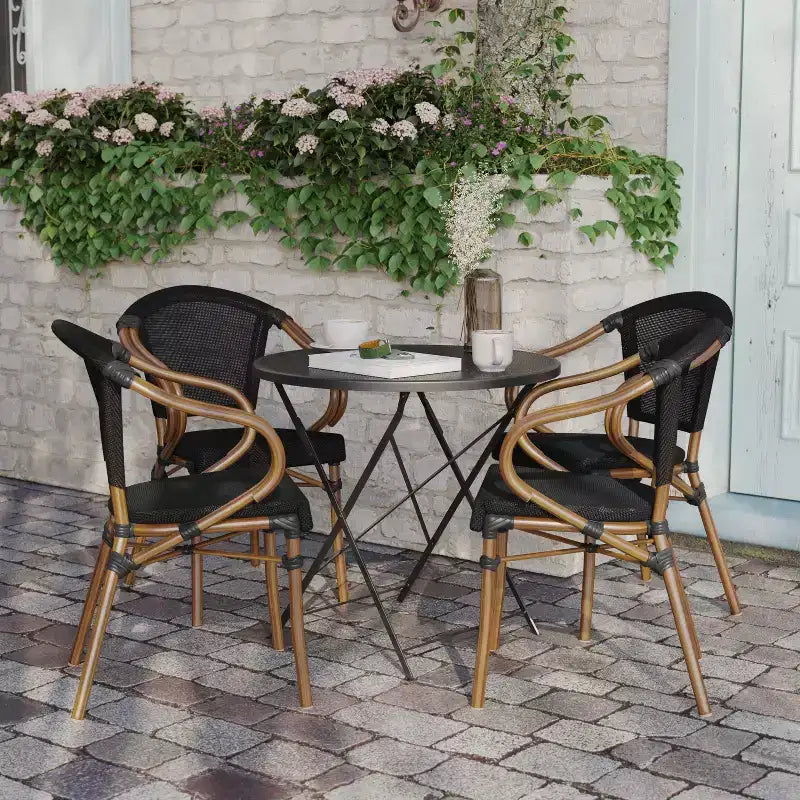 Lot de 4 chaises bistrot empilables d'intérieur/extérieur Marseille Flash Furniture avec accoudoirs, cadre en aluminium imprimé bambou et textilène