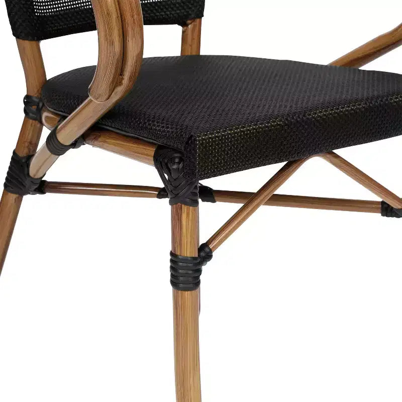Lot de 4 chaises bistrot empilables d'intérieur/extérieur Marseille Flash Furniture avec accoudoirs, cadre en aluminium imprimé bambou et textilène