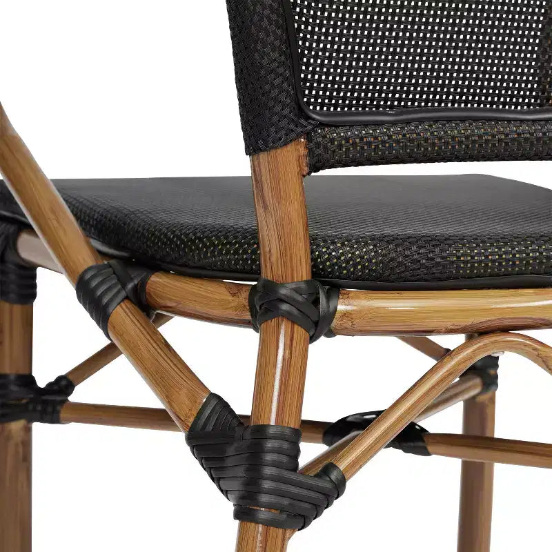 Lot de 4 chaises bistrot empilables d'intérieur/extérieur Marseille Flash Furniture avec accoudoirs, cadre en aluminium imprimé bambou et textilène