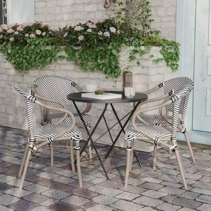 Lot de 4 chaises bistrot empilables d'intérieur/extérieur Marseille Flash Furniture avec accoudoirs, cadre en aluminium imprimé bambou et textilène