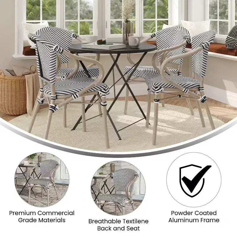 Lot de 4 chaises bistrot empilables d'intérieur/extérieur Marseille Flash Furniture avec accoudoirs, cadre en aluminium imprimé bambou et textilène