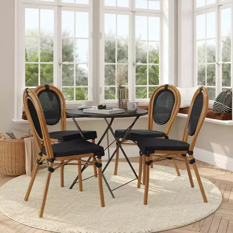 Flash Furniture Lot de 4 Chaises Bistro Empilables Commerciales d'Intérieur/Extérieur Thonet Marseille, Cadre en Aluminium Imprimé Bambou et Textilène