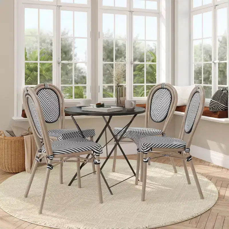 Flash Furniture Lot de 4 Chaises Bistro Empilables Commerciales d'Intérieur/Extérieur Thonet Marseille, Cadre en Aluminium Imprimé Bambou et Textilène