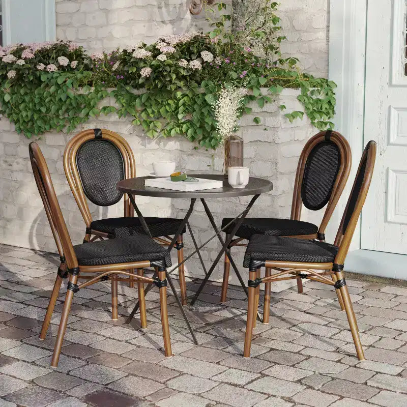 Flash Furniture Lot de 4 Chaises Bistro Empilables Commerciales d'Intérieur/Extérieur Thonet Marseille, Cadre en Aluminium Imprimé Bambou et Textilène