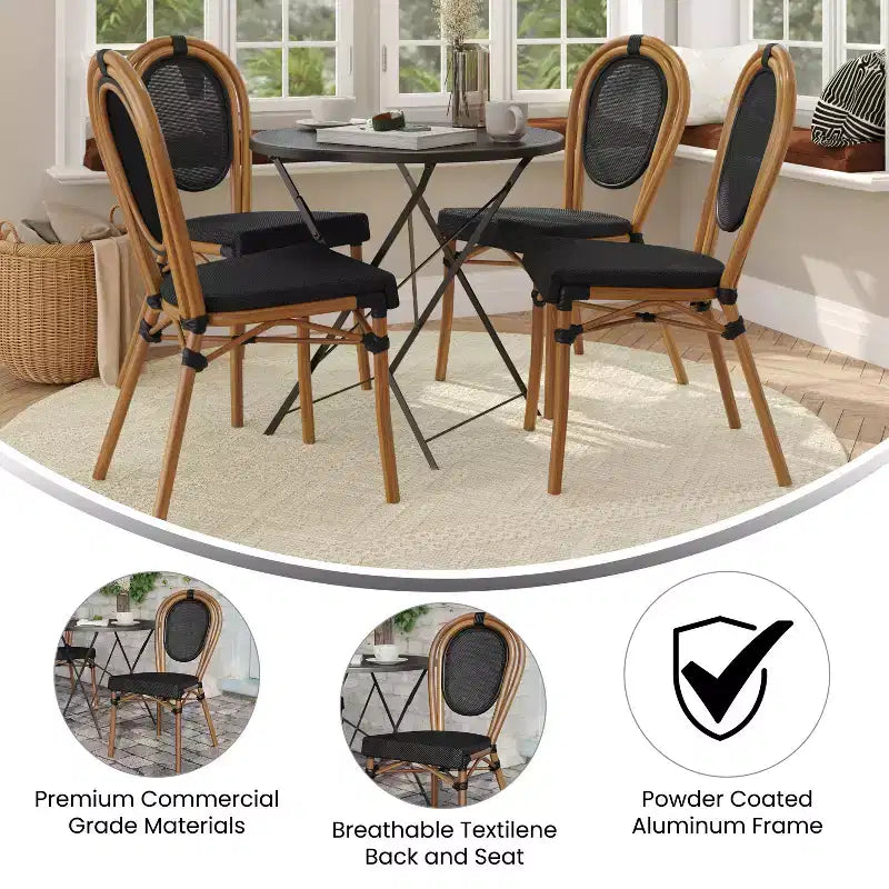 Flash Furniture Lot de 4 Chaises Bistro Empilables Commerciales d'Intérieur/Extérieur Thonet Marseille, Cadre en Aluminium Imprimé Bambou et Textilène