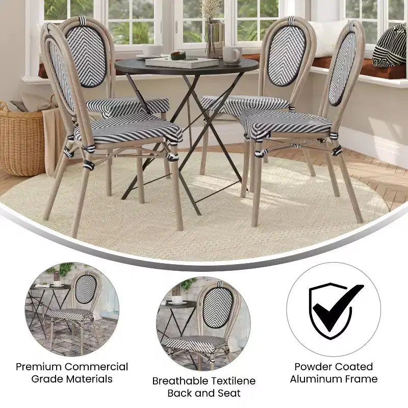 Flash Furniture Lot de 4 Chaises Bistro Empilables Commerciales d'Intérieur/Extérieur Thonet Marseille, Cadre en Aluminium Imprimé Bambou et Textilène