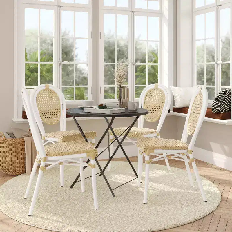 Flash Furniture Lot de 4 Chaises Bistrot Empilables Commerciales Cannes Intérieur/Extérieur, Rotin PE et Cadre en Aluminium
