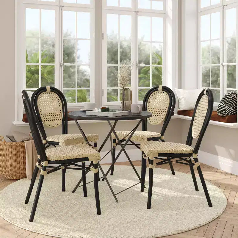 Flash Furniture Lot de 4 Chaises Bistrot Empilables Commerciales Cannes Intérieur/Extérieur, Rotin PE et Cadre en Aluminium