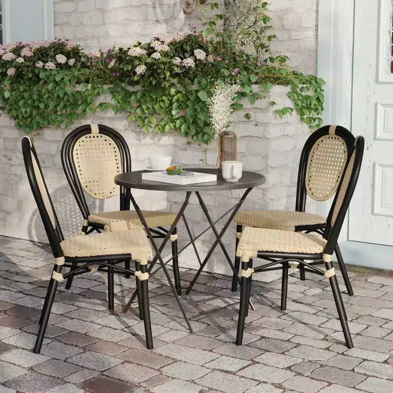 Flash Furniture Lot de 4 Chaises Bistrot Empilables Commerciales Cannes Intérieur/Extérieur, Rotin PE et Cadre en Aluminium