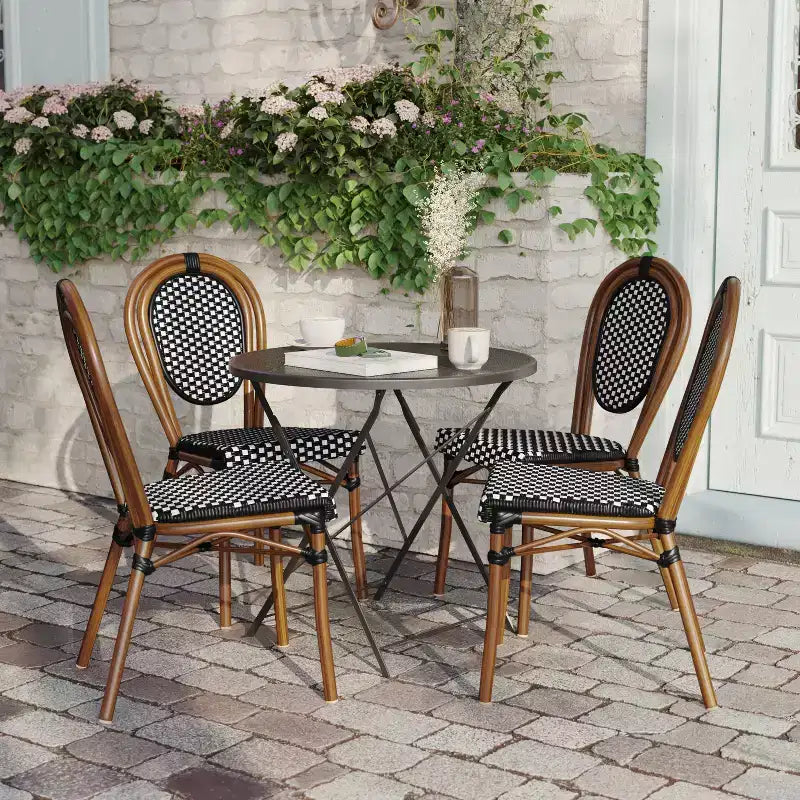 Lot de 4 chaises bistrot empilables Lourdes Flash Furniture, usage intérieur/extérieur, commercial, style Thonet, rotin PE et cadre en aluminium