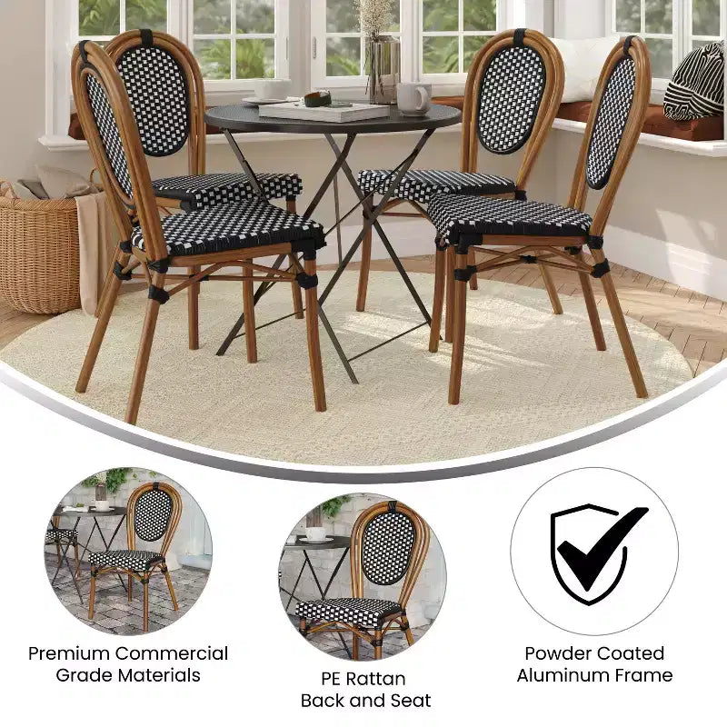 Lot de 4 chaises bistrot empilables Lourdes Flash Furniture, usage intérieur/extérieur, commercial, style Thonet, rotin PE et cadre en aluminium