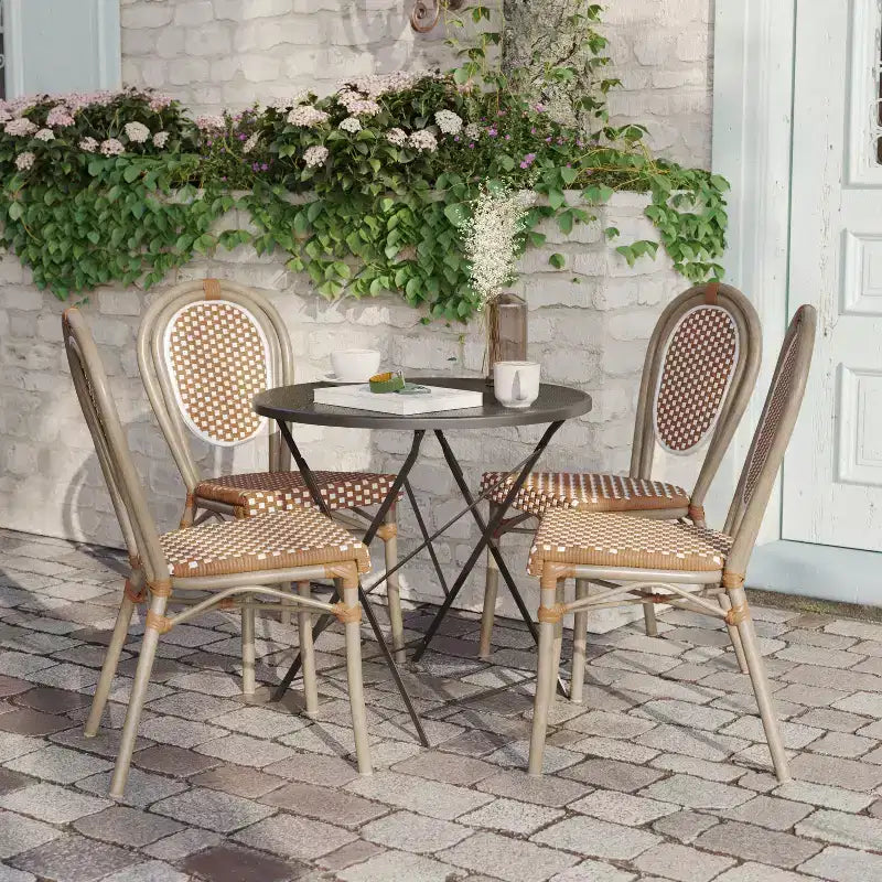 Lot de 4 chaises bistrot empilables Lourdes Flash Furniture, usage intérieur/extérieur, commercial, style Thonet, rotin PE et cadre en aluminium