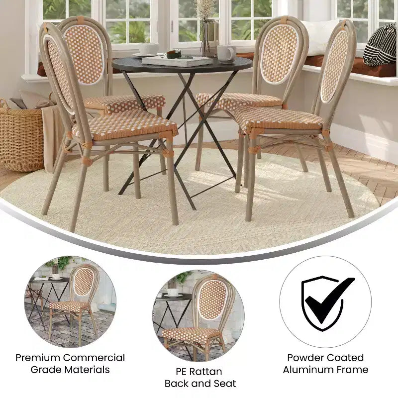 Lot de 4 chaises bistrot empilables Lourdes Flash Furniture, usage intérieur/extérieur, commercial, style Thonet, rotin PE et cadre en aluminium