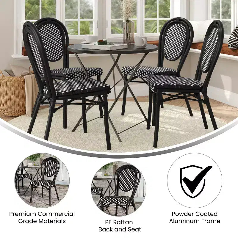 Lot de 4 chaises bistrot empilables Lourdes Flash Furniture, usage intérieur/extérieur, commercial, style Thonet, rotin PE et cadre en aluminium