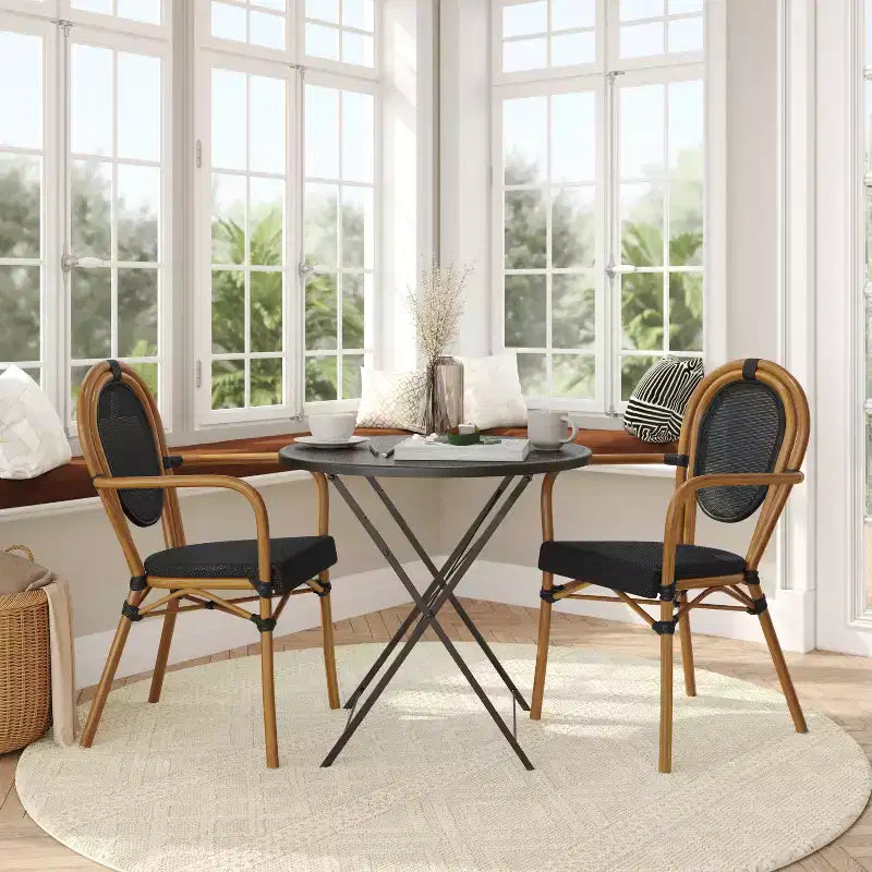 Flash Furniture Lot de 2 Chaises de bistrot Thonet commerciales empilables Marseille avec accoudoirs, pour intérieur/extérieur, en textilène et cadre en aluminium imprimé bambou