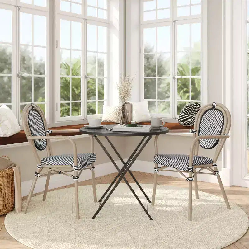 Flash Furniture Lot de 2 Chaises de bistrot Thonet commerciales empilables Marseille avec accoudoirs, pour intérieur/extérieur, en textilène et cadre en aluminium imprimé bambou