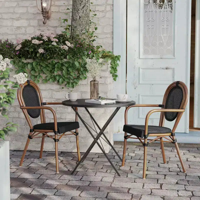 Flash Furniture Lot de 2 Chaises de bistrot Thonet commerciales empilables Marseille avec accoudoirs, pour intérieur/extérieur, en textilène et cadre en aluminium imprimé bambou