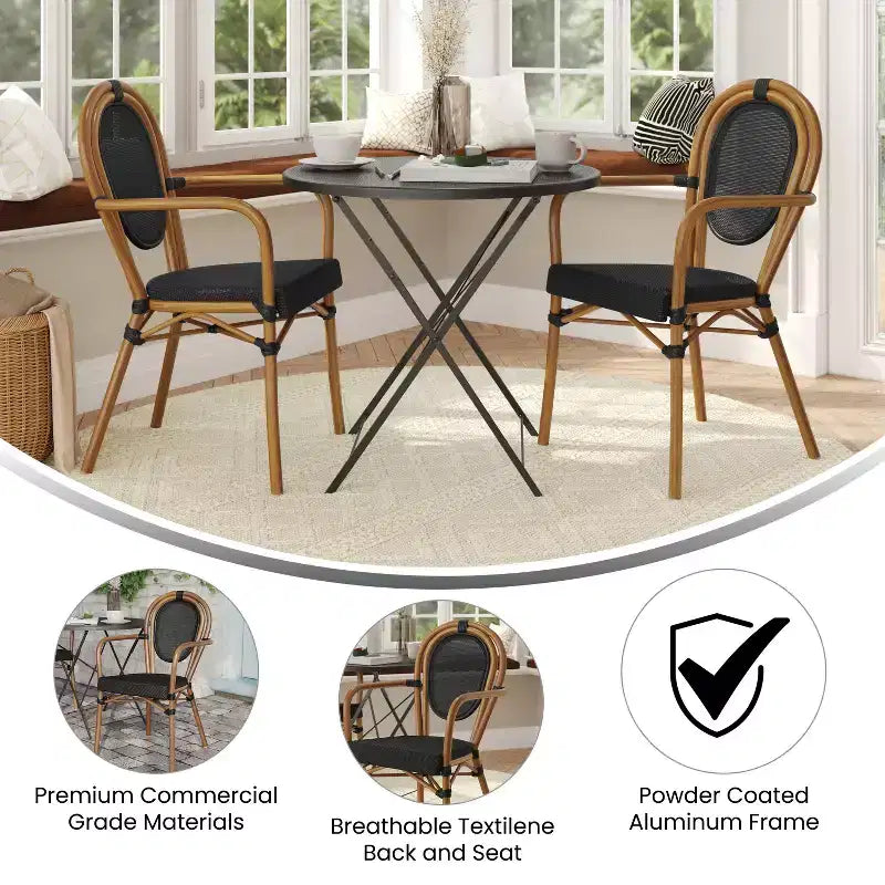Flash Furniture Lot de 2 Chaises de bistrot Thonet commerciales empilables Marseille avec accoudoirs, pour intérieur/extérieur, en textilène et cadre en aluminium imprimé bambou