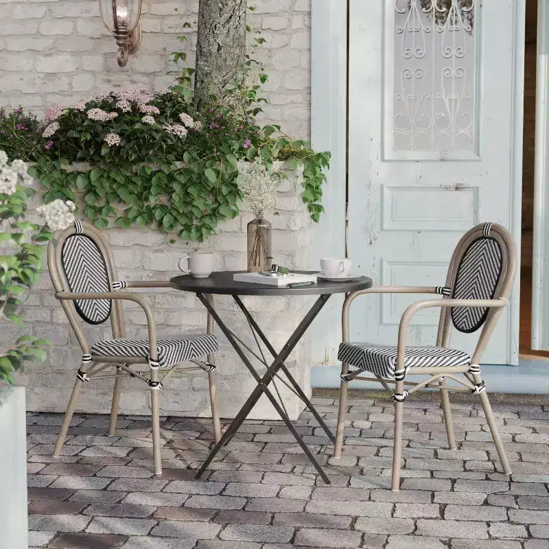 Flash Furniture Lot de 2 Chaises de bistrot Thonet commerciales empilables Marseille avec accoudoirs, pour intérieur/extérieur, en textilène et cadre en aluminium imprimé bambou
