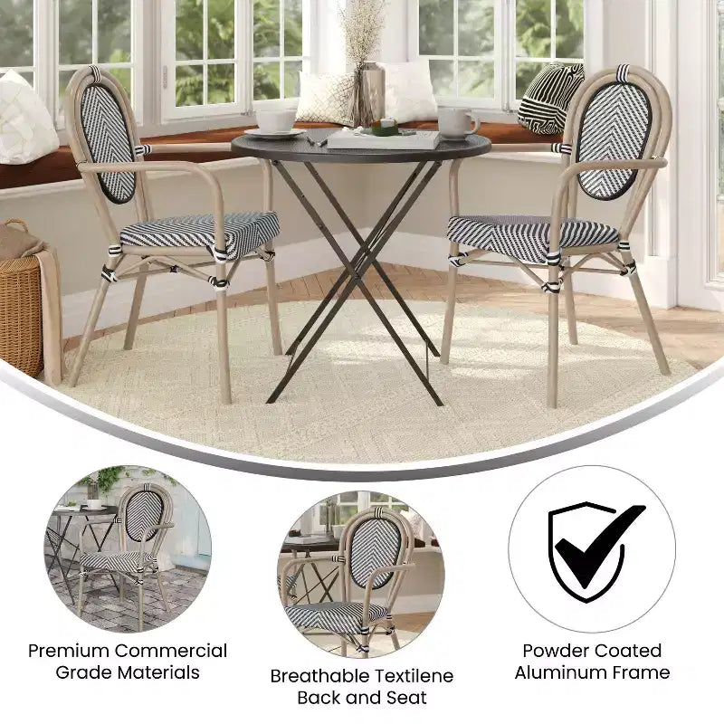 Flash Furniture Lot de 2 Chaises de bistrot Thonet commerciales empilables Marseille avec accoudoirs, pour intérieur/extérieur, en textilène et cadre en aluminium imprimé bambou