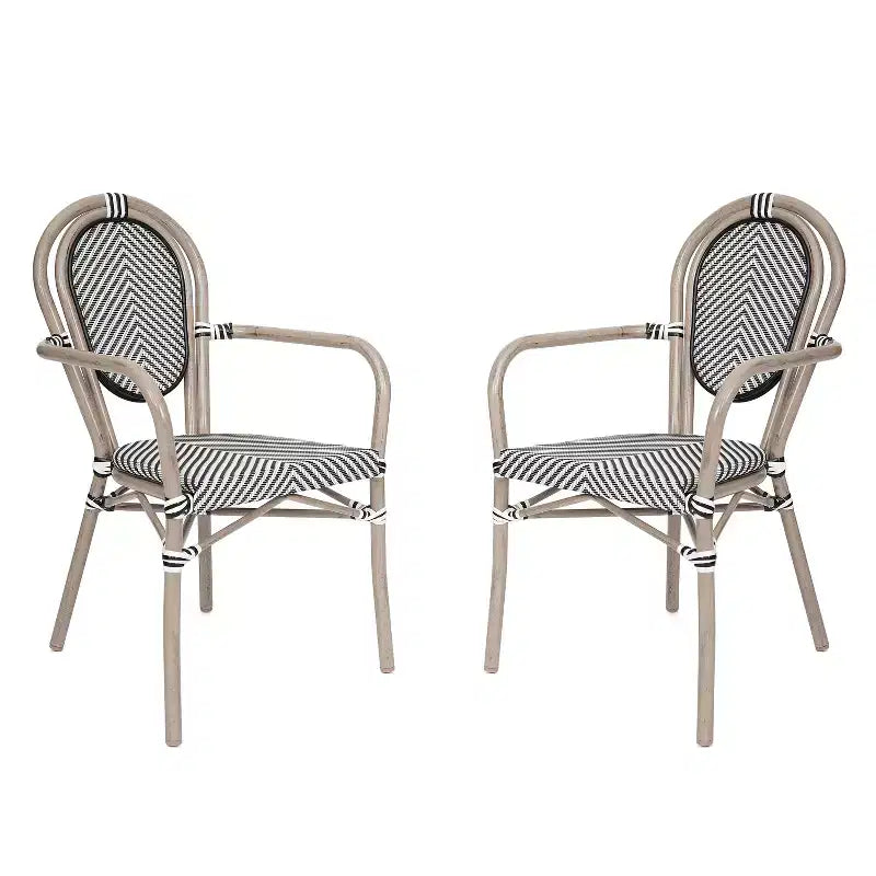 Flash Furniture 2 Pack Marseille Indoor/Outdoor Commercial Thonet Bistro Stacking Chair with Arms, Textilene and Bamboo Print Aluminum Frame