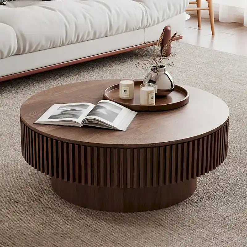 Table basse/de salon ronde moderne plaquée en bois massif avec rangement