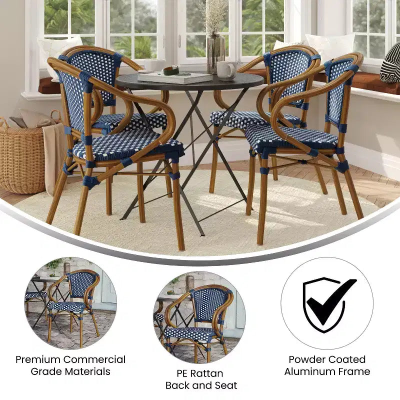 Lot de quatre chaises empilables Emma & Oliver Soie de style bistrot Thonet avec accoudoirs, pour l'intérieur et l'extérieur, assise en rotin PE et cadre en métal finition bambou