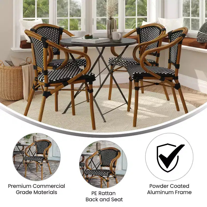 Lot de quatre chaises empilables Emma & Oliver Soie de style bistrot Thonet avec accoudoirs, pour l'intérieur et l'extérieur, assise en rotin PE et cadre en métal finition bambou