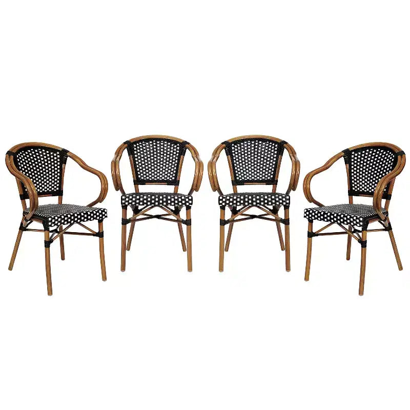 Lot de quatre chaises empilables Emma & Oliver Soie de style bistrot Thonet avec accoudoirs, pour l'intérieur et l'extérieur, assise en rotin PE et cadre en métal finition bambou