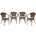 Lot de quatre chaises empilables Emma & Oliver Soie de style bistrot Thonet avec accoudoirs, pour l'intérieur et l'extérieur, assise en rotin PE et cadre en métal finition bambou