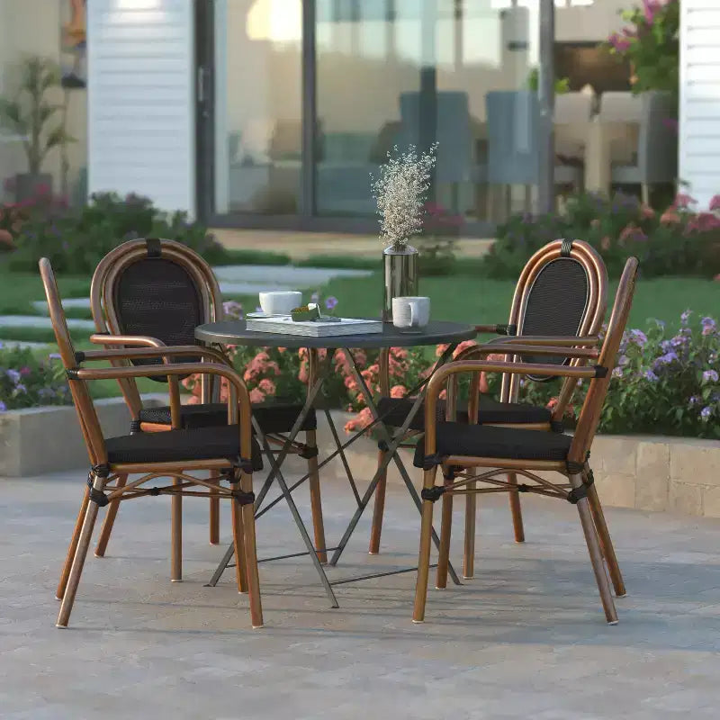 Emma & Oliver Massalia - Lot de quatre chaises de bistrot Thonet empilables avec accoudoirs, pour l'intérieur et l'extérieur, assise en textilène et cadre en métal finition bambou