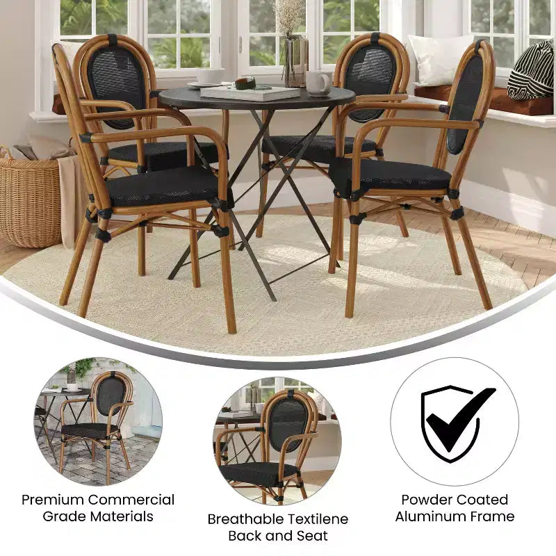 Emma & Oliver Massalia - Lot de quatre chaises de bistrot Thonet empilables avec accoudoirs, pour l'intérieur et l'extérieur, assise en textilène et cadre en métal finition bambou