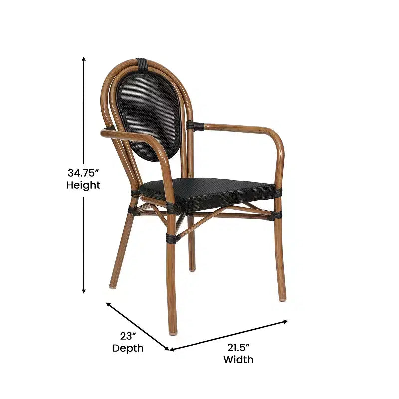 Emma & Oliver Massalia - Lot de quatre chaises de bistrot Thonet empilables avec accoudoirs, pour l'intérieur et l'extérieur, assise en textilène et cadre en métal finition bambou