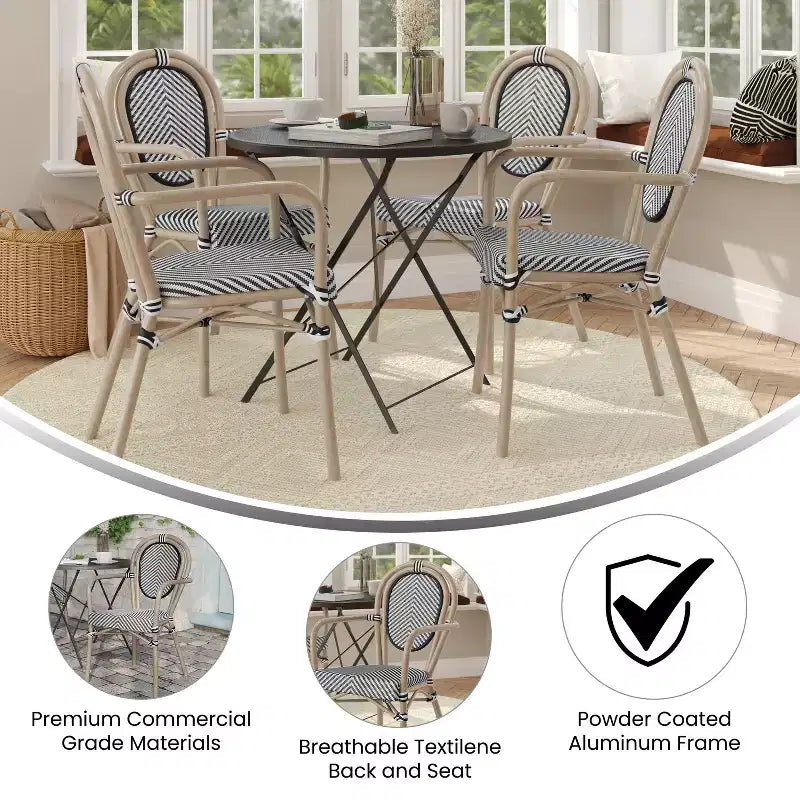 Emma & Oliver Massalia - Lot de quatre chaises de bistrot Thonet empilables avec accoudoirs, pour l'intérieur et l'extérieur, assise en textilène et cadre en métal finition bambou