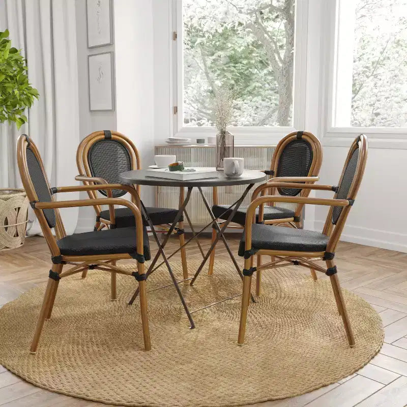 Merrick Lane Mael Lot de deux chaises bistrot empilables de style Thonet avec assise en textilène et cadre en métal finition bambou pour utilisation intérieure/extérieure