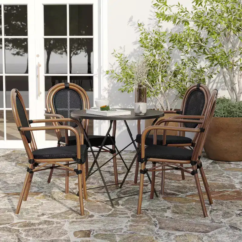 Merrick Lane Mael Lot de deux chaises bistrot empilables de style Thonet avec assise en textilène et cadre en métal finition bambou pour utilisation intérieure/extérieure