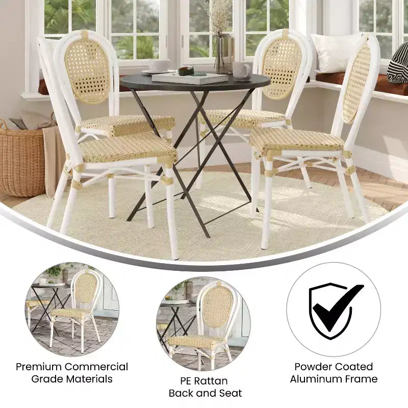 Merrick Lane Toulon, lot de quatre chaises empilables de style Thonet Bistro, assise en rotin PE et cadre en métal pour une utilisation intérieure/extérieure.