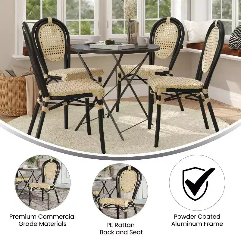 Merrick Lane Toulon, lot de quatre chaises empilables de style Thonet Bistro, assise en rotin PE et cadre en métal pour une utilisation intérieure/extérieure.