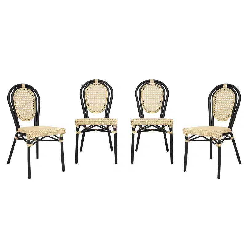 Merrick Lane Toulon Set of Four Stacking Thonet Bistro Style Chair, PE Cane Rattan Seat, and Metal Frame for Indoor/Outdoor Use