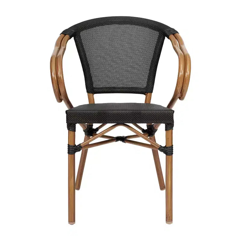Emma & Oliver Massalia - Lot de deux chaises bistrot empilables d'intérieur/extérieur de style Thonet avec accoudoirs, assise en textilène et cadre en métal finition bambou