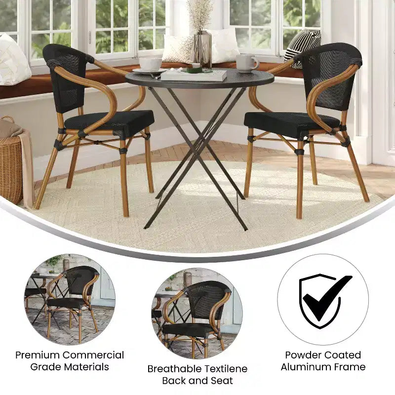 Emma & Oliver Massalia - Lot de deux chaises bistrot empilables d'intérieur/extérieur de style Thonet avec accoudoirs, assise en textilène et cadre en métal finition bambou