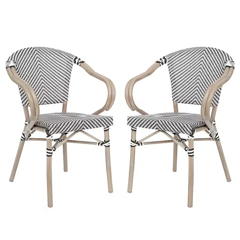 Emma & Oliver Massalia Set of Two Indoor/Outdoor Stacking Thonet Bistro Style Chairs with Arms, Textilene Seat and Bamboo Finished Metal Frame